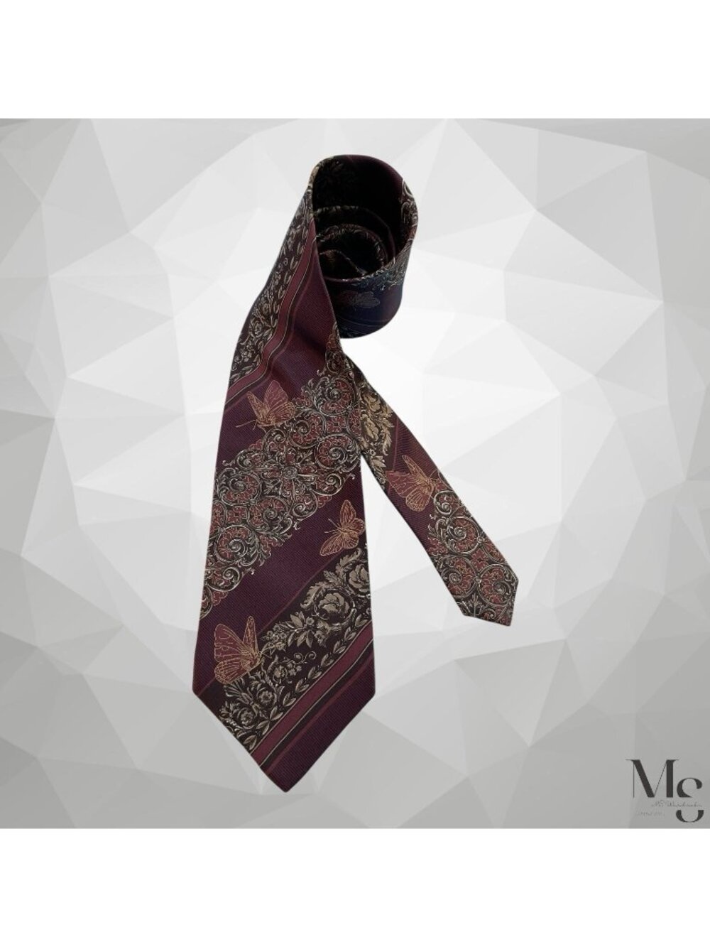 GIANFRANCO FERRE Burgundy Baroque Butterfly Print Silk Tie Italy 56”-3.6" E.C